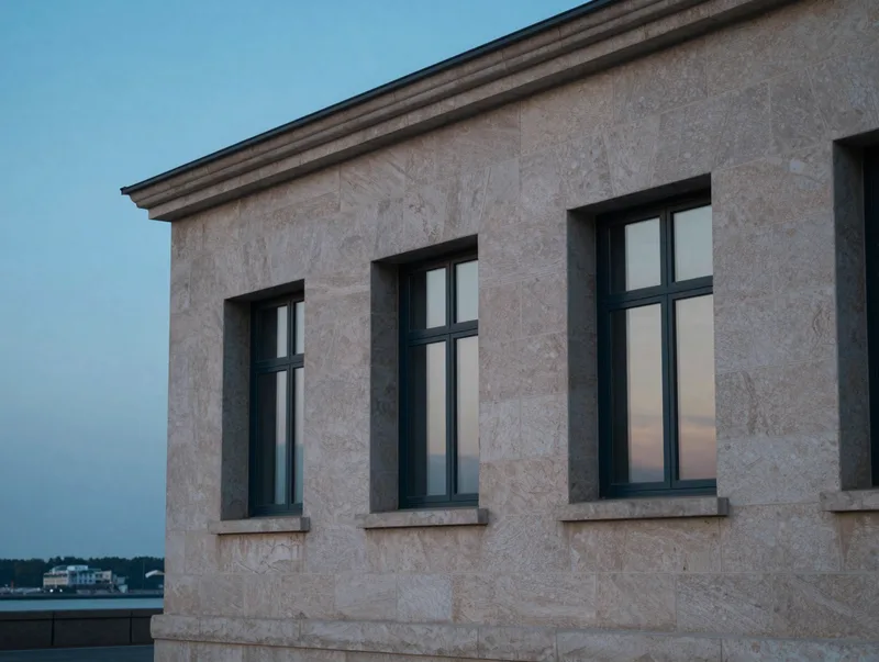 A stone harbourside building with deep window reveals at dusk, serene architectural photograph