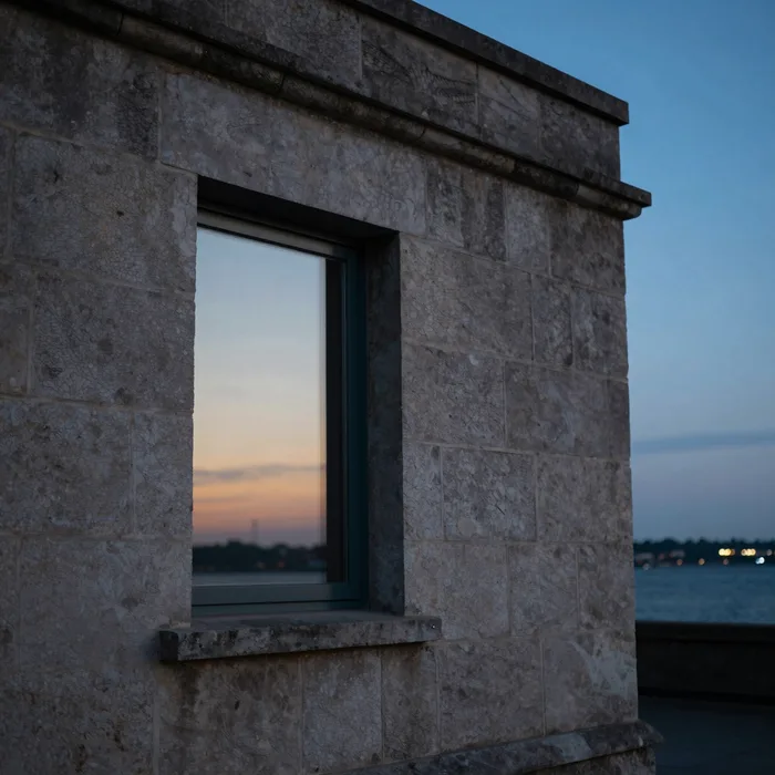 A stone harbourside building at dusk with deep window reveals