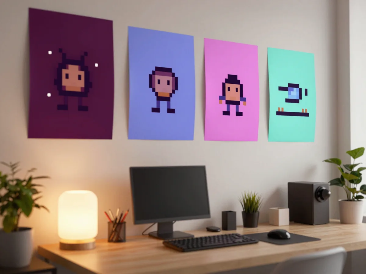 A cozy indie game studio room with pixel-art posters and warm lamps, night