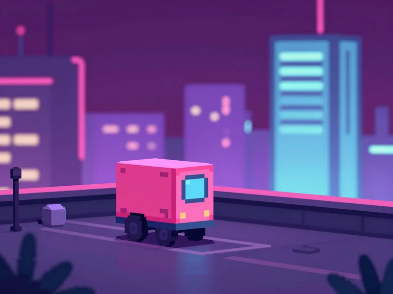 A neon rooftop delivery scene in pixel art, night city with pink and blue glow, indie game art