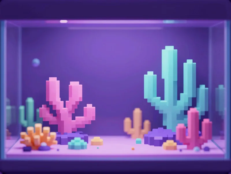 A colorful pixel-art coral reef aquarium builder scene, playful pastel vaporwave palette
