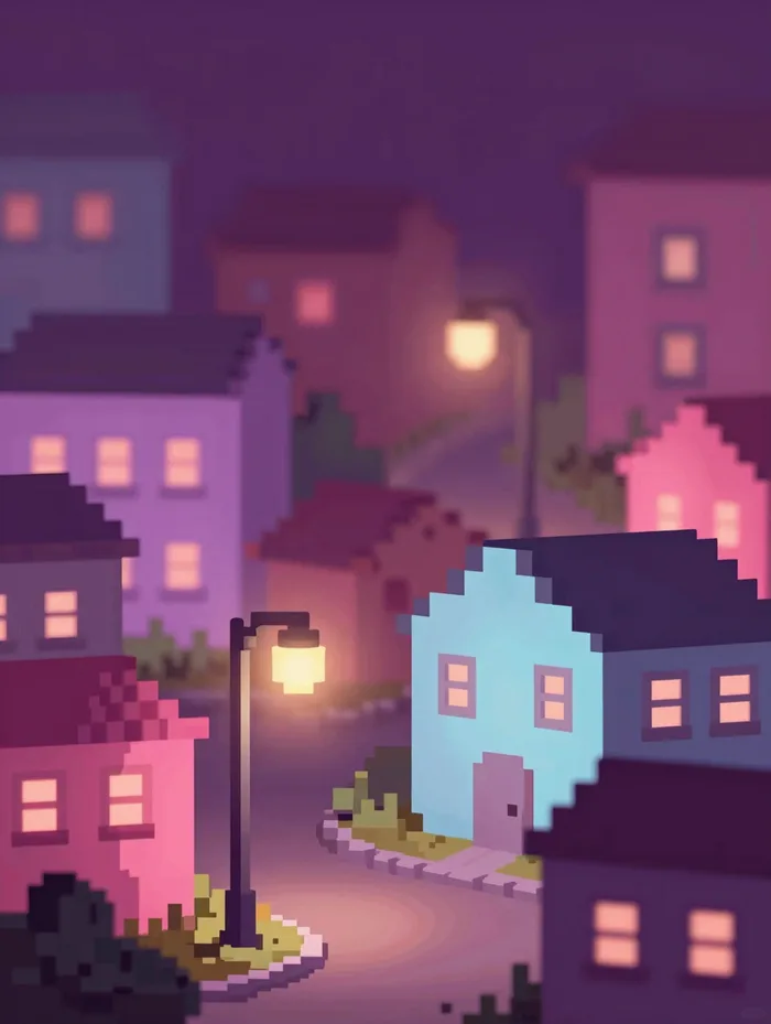 A cozy pixel-art town at dusk with glowing streetlights, warm vaporwave pinks