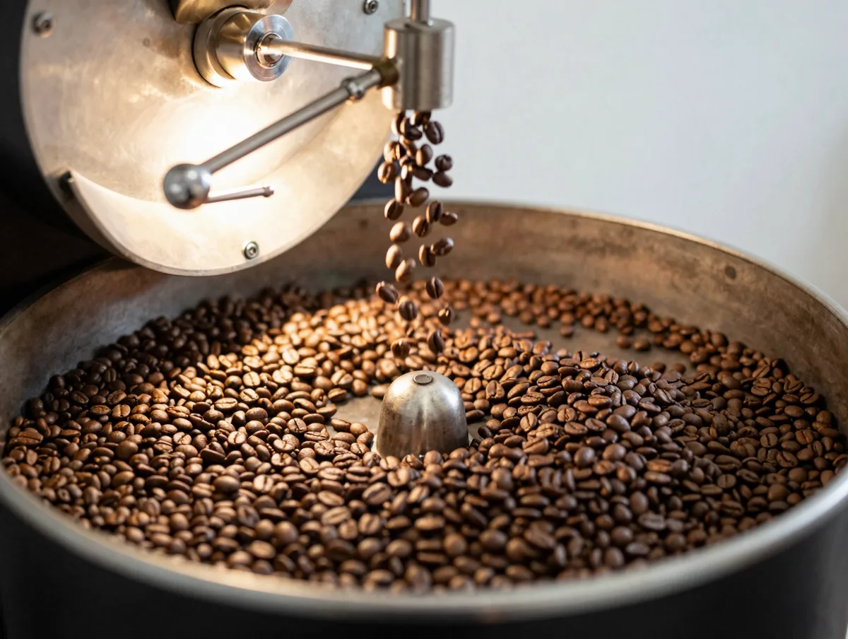 Coffee beans tumbling in a drum roaster with warm glow, cozy roastery