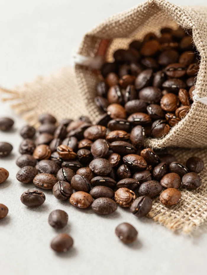A bag of single-origin beans spilling onto burlap, warm espresso tones