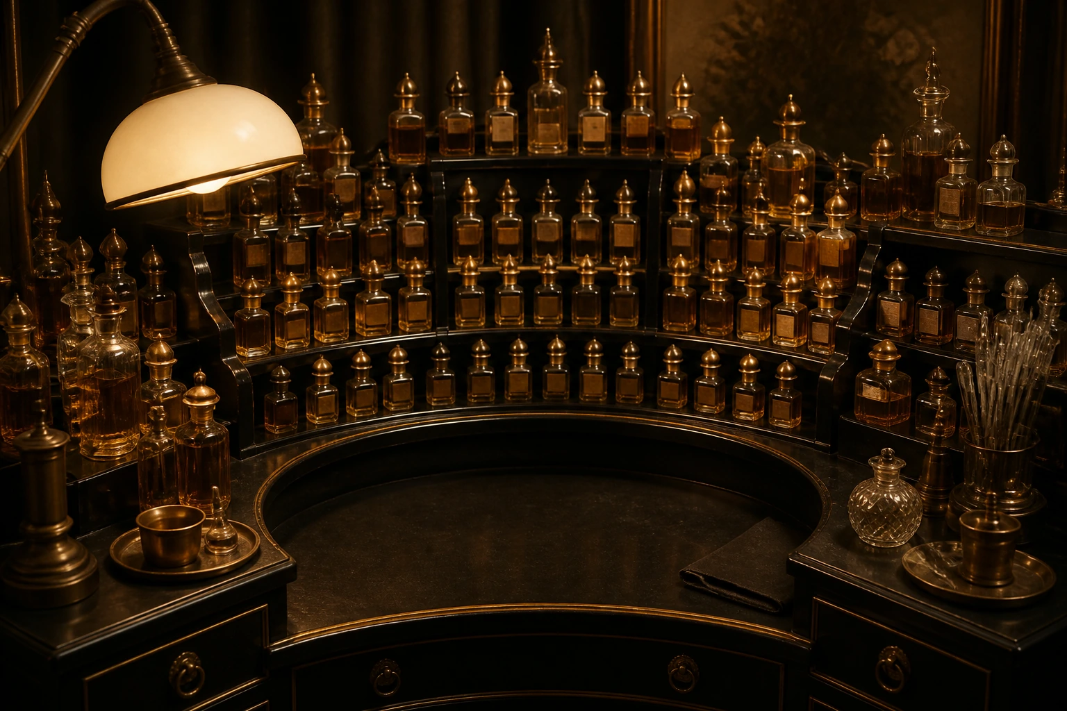 The perfumer’s organ: tiered shelves of labelled amber vials in low light