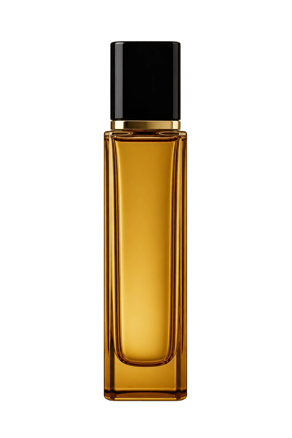 Tall amber glass flacon with a brushed gold cap