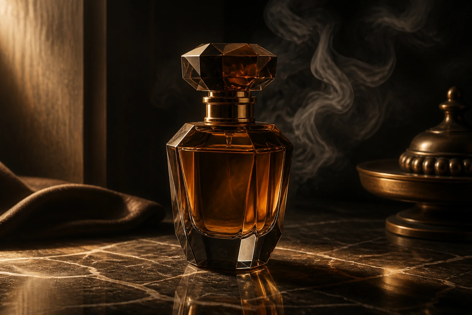 An amber perfume bottle on dark marble, a thread of smoke rising behind it