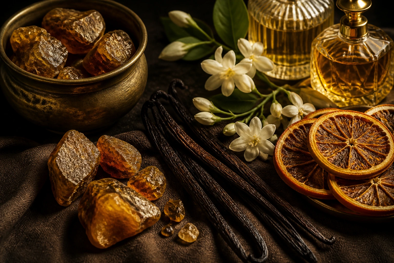 A still life of amber resin, vanilla pods, and dried blossom on dark cloth