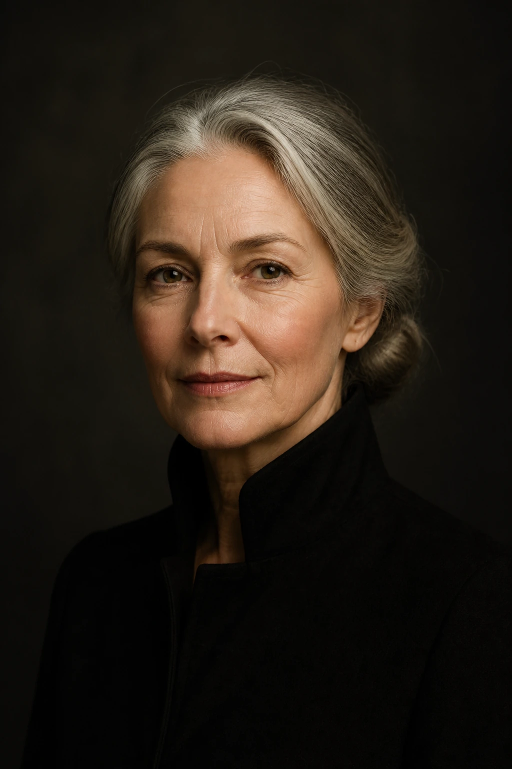 Portrait of Hélène Verdier, silver chignon, black jacket, photographed against a charcoal wall