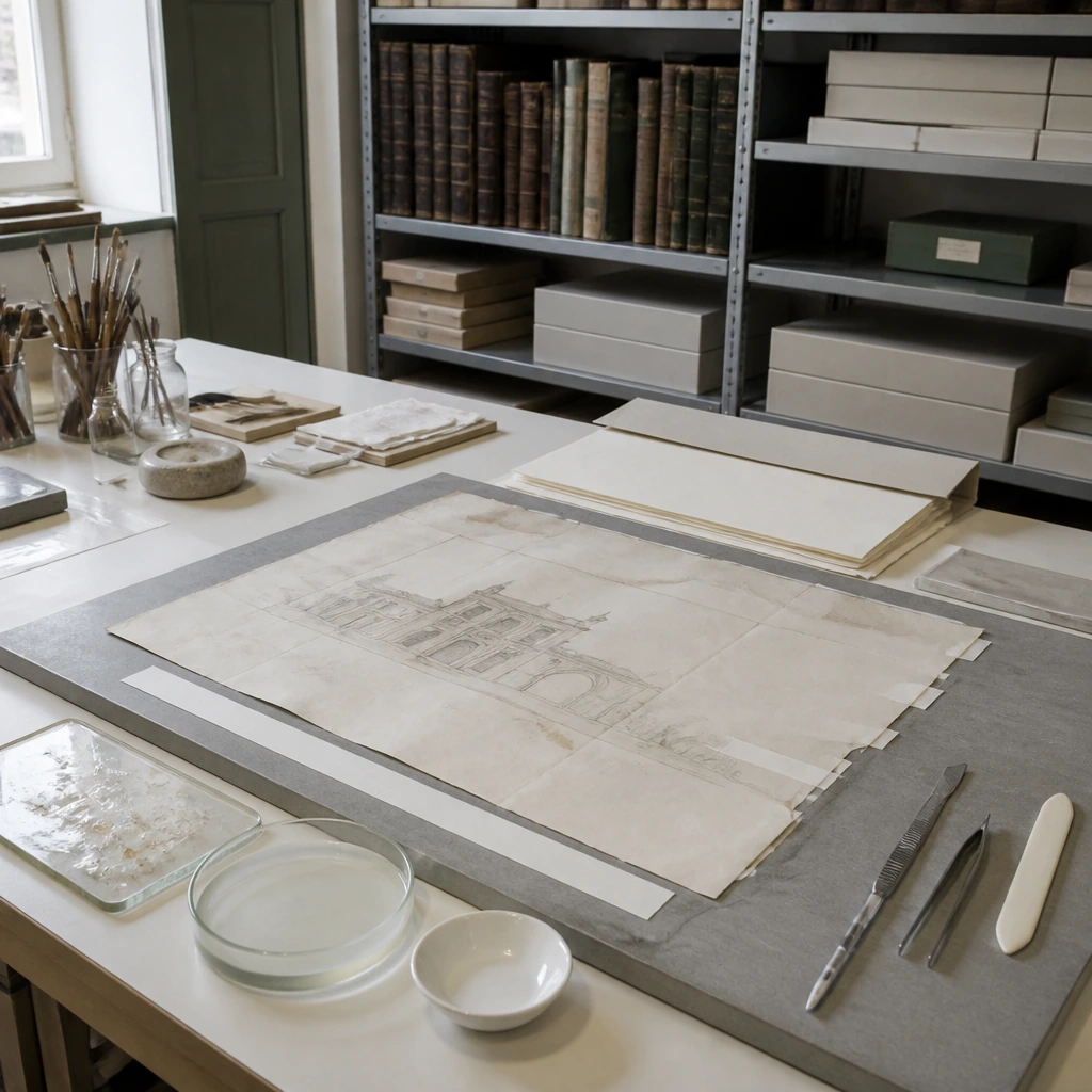 A paper conservation bench with tools and a sheet under repair