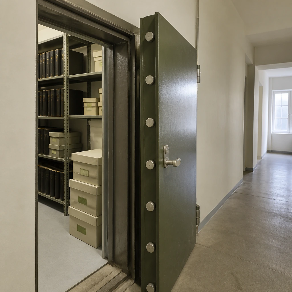 A heavy steel strongroom door standing ajar in a plain corridor