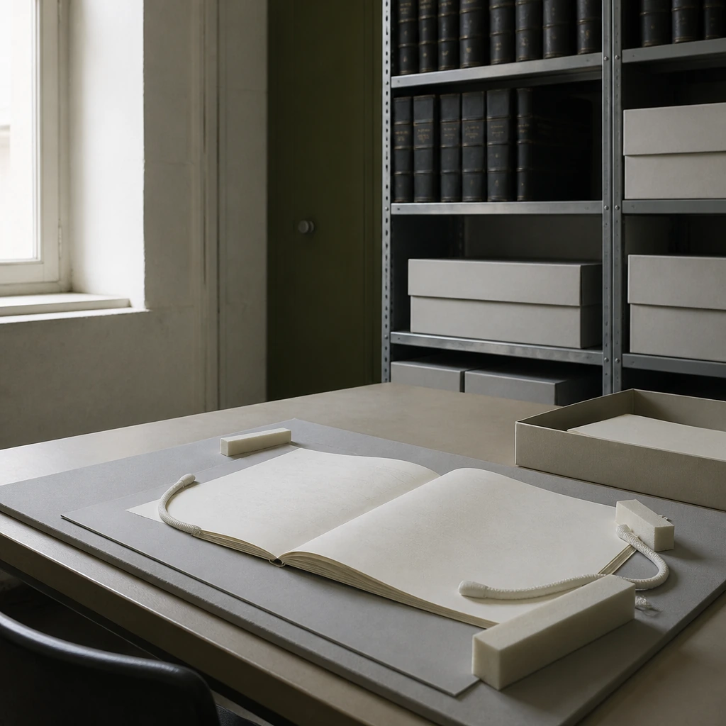 An empty reading room desk with a single open document, foam supports and weights