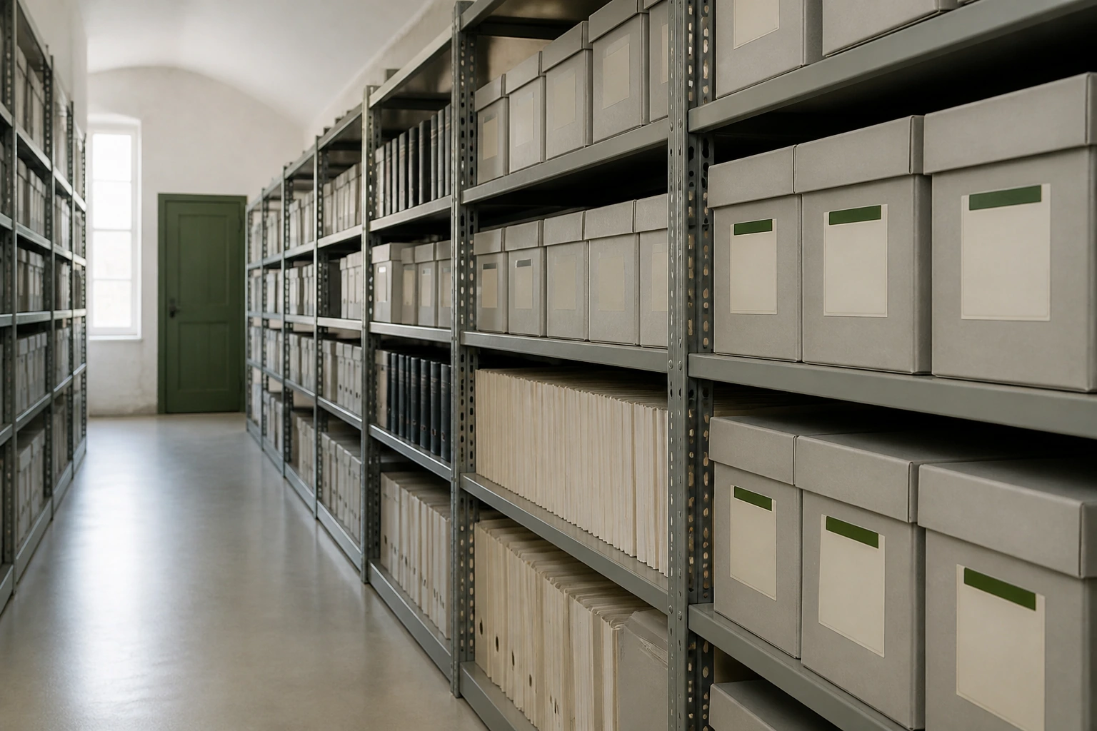 Long rows of grey archive boxes on steel shelving receding into the distance
