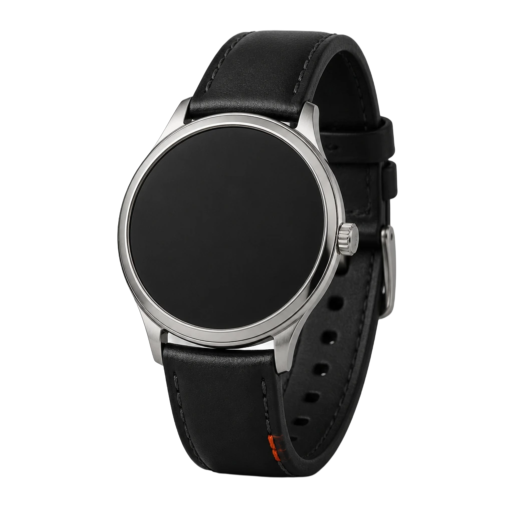 A round wristwatch with a blank dial and a slim polished steel case, isolated on a plain field
