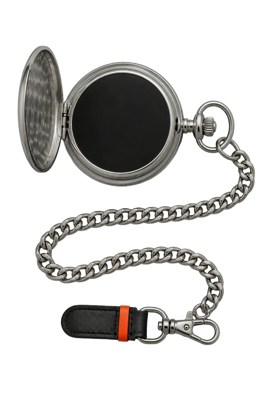 A hunter-cased pocket watch with a blank dial, the cover opened, hanging from a steel chain, isolated on a plain field