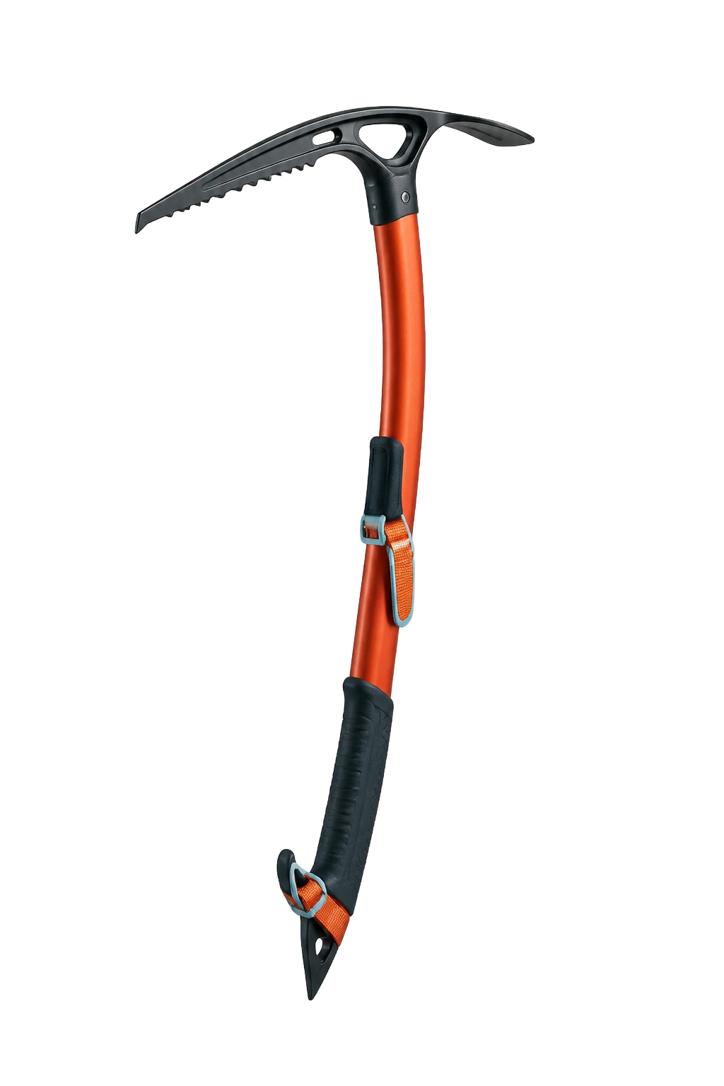 Classic mountaineering ice axe with steel head and orange grip