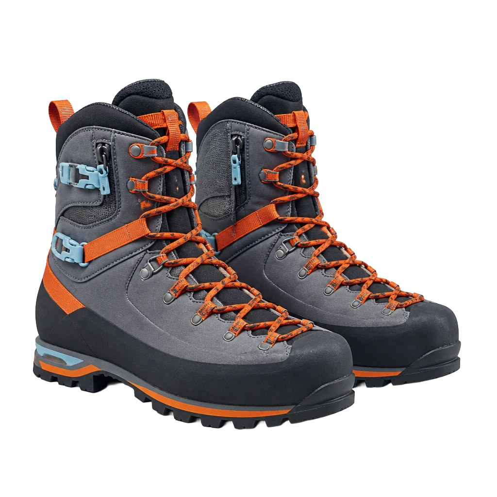 Pair of rigid grey and orange mountaineering boots