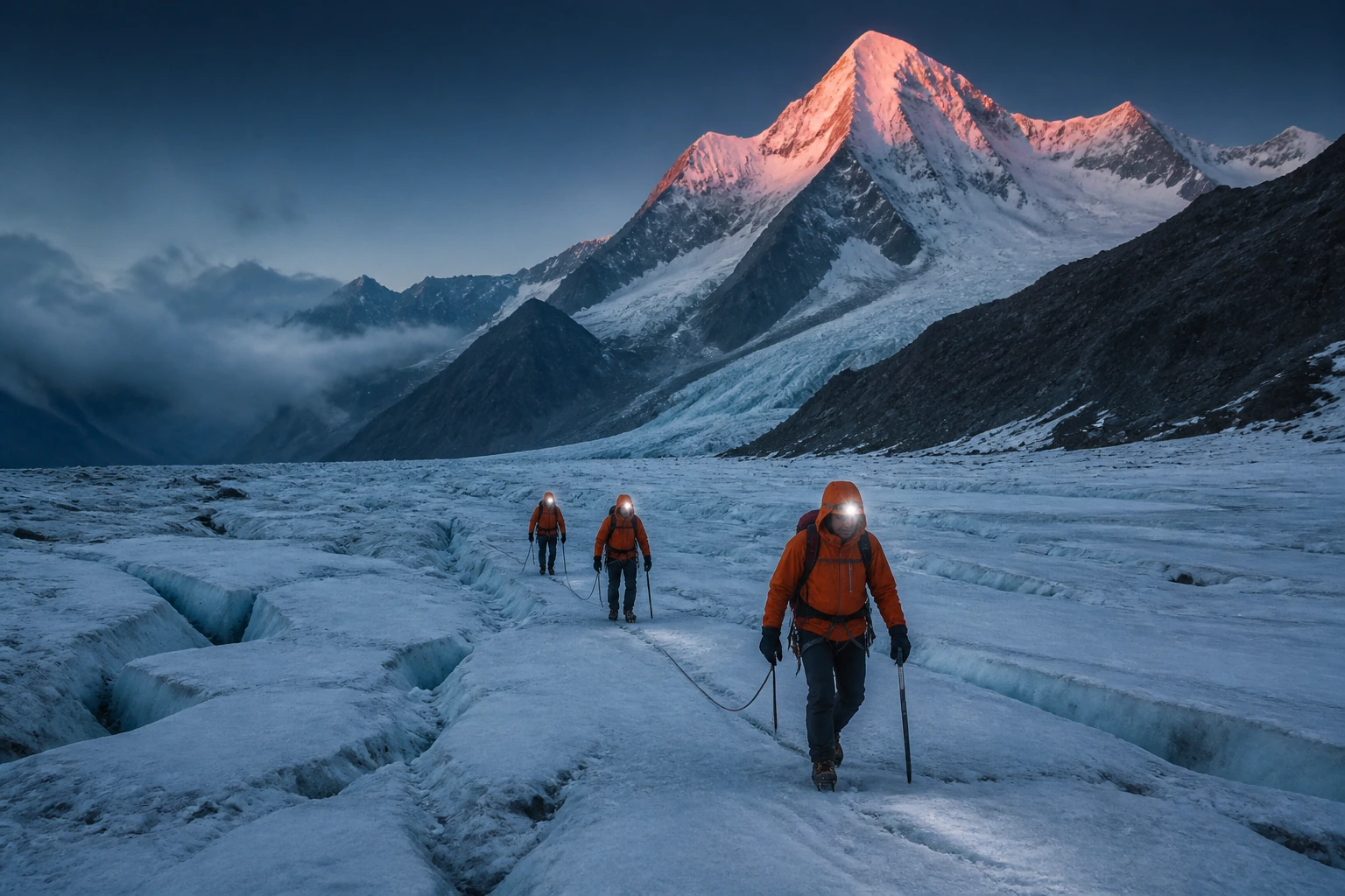 A rope team of alpinists crossing a snowfield at dawn, peaks glowing behind them