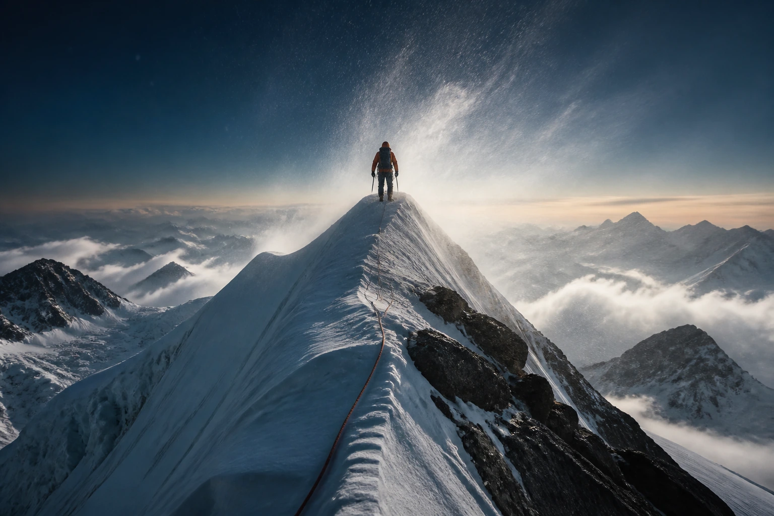 Two climbers moving along a narrow snow ridge toward a rocky summit