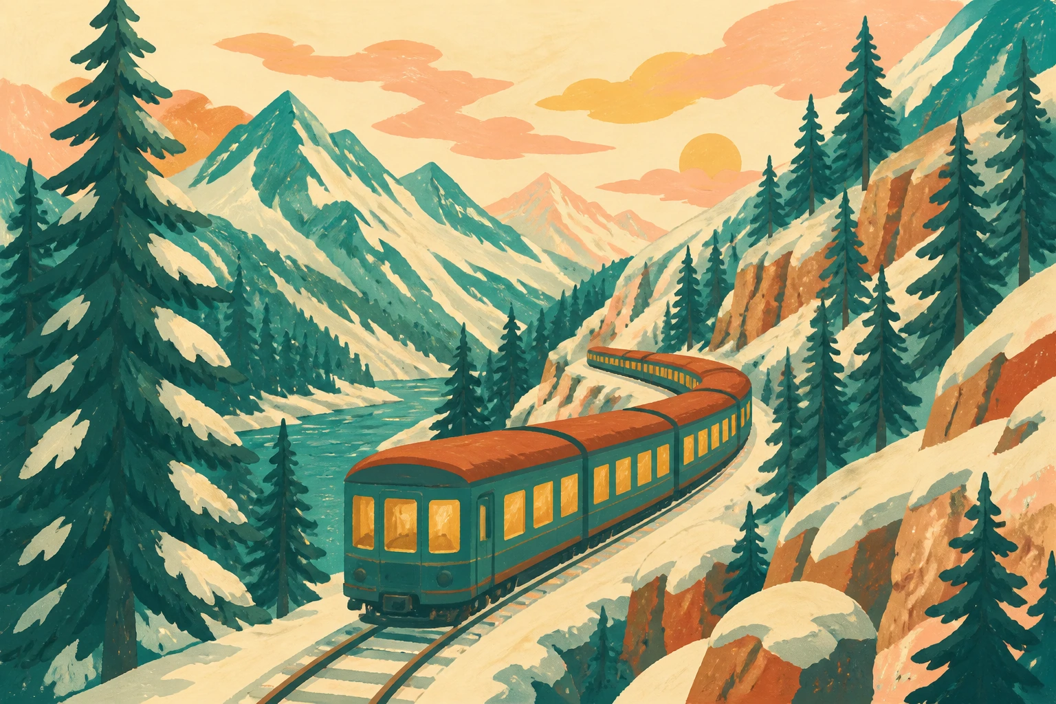 Gouache illustration of a train climbing a snowy mountain pass between pines