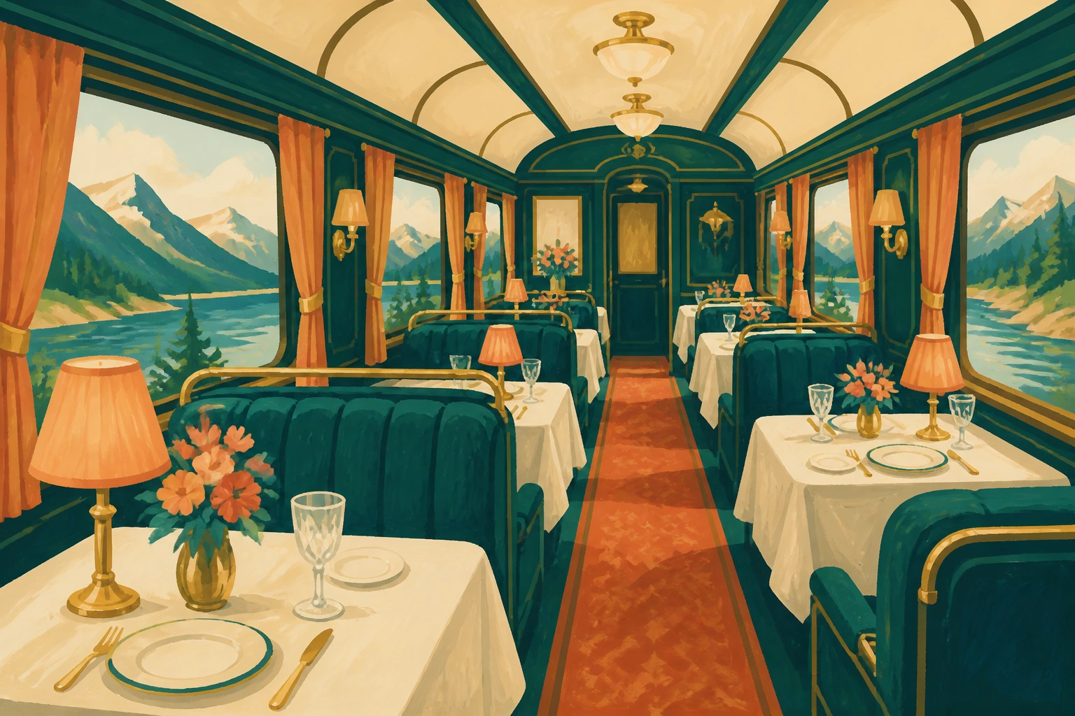 Interior of a restored railway dining car with walnut panelling, brass lamps and white tablecloths