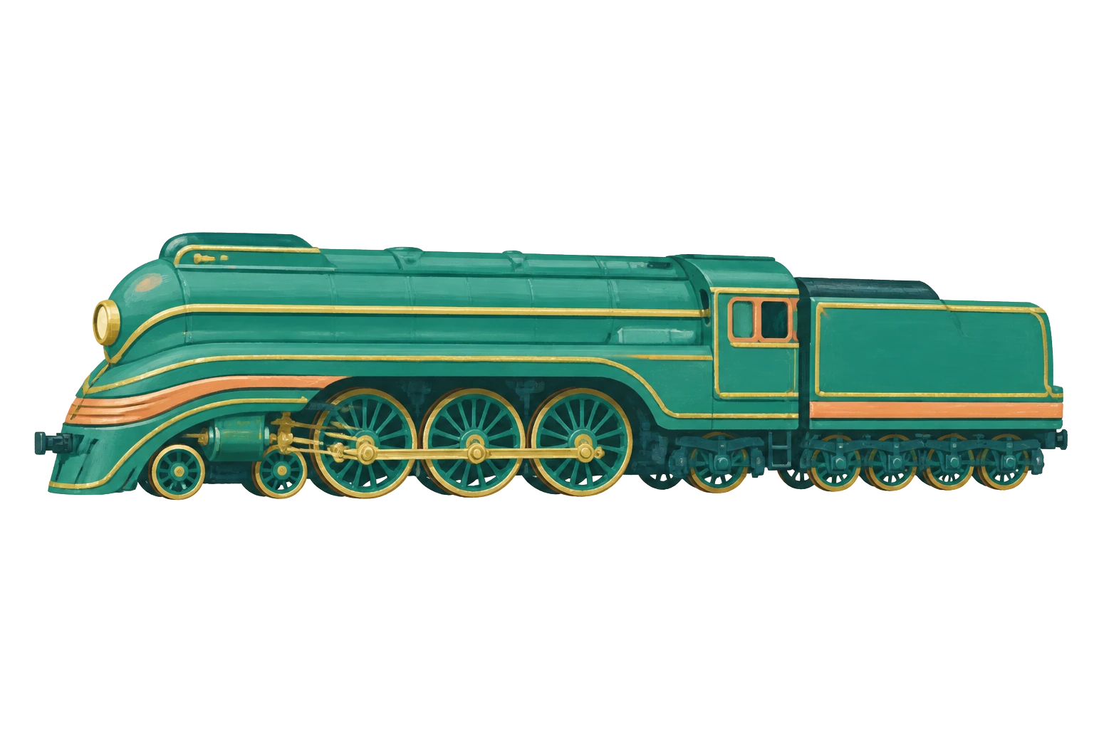 Side profile of a teal steam locomotive with gold lining, number 7