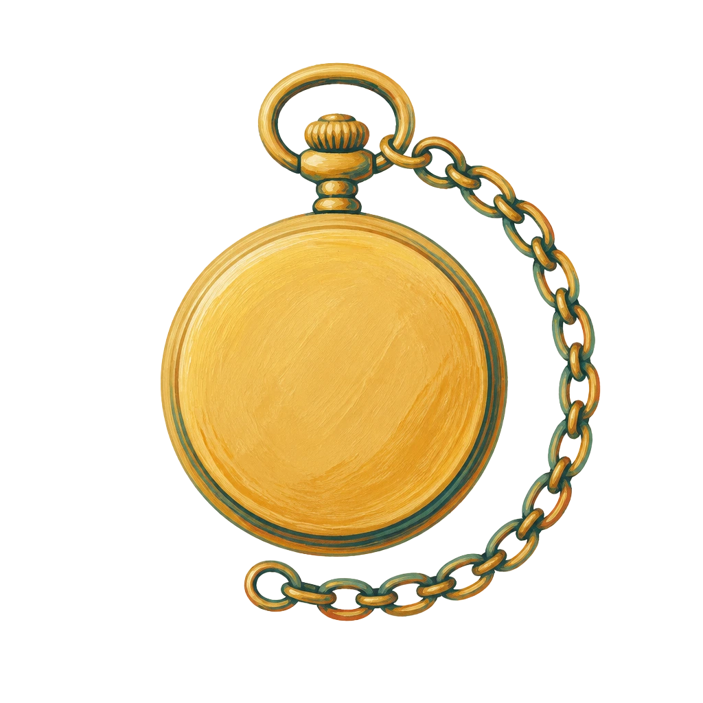 Brass pocket watch, open, showing ten past eight