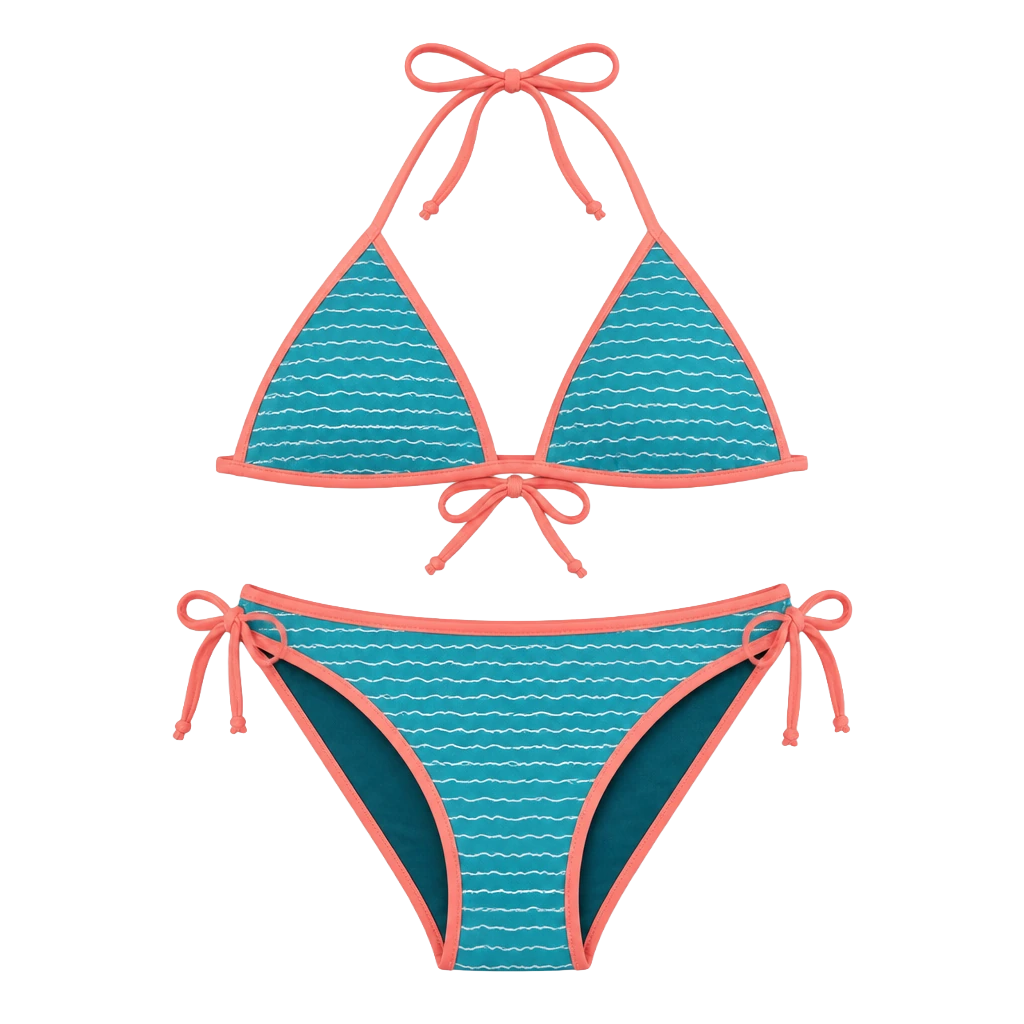 Two-piece swimsuit in aqua and coral laid flat