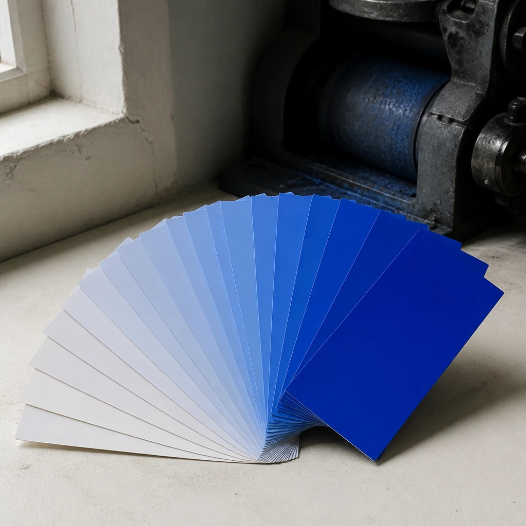 A fan of painted colour chip cards ranging from pale to deep blue