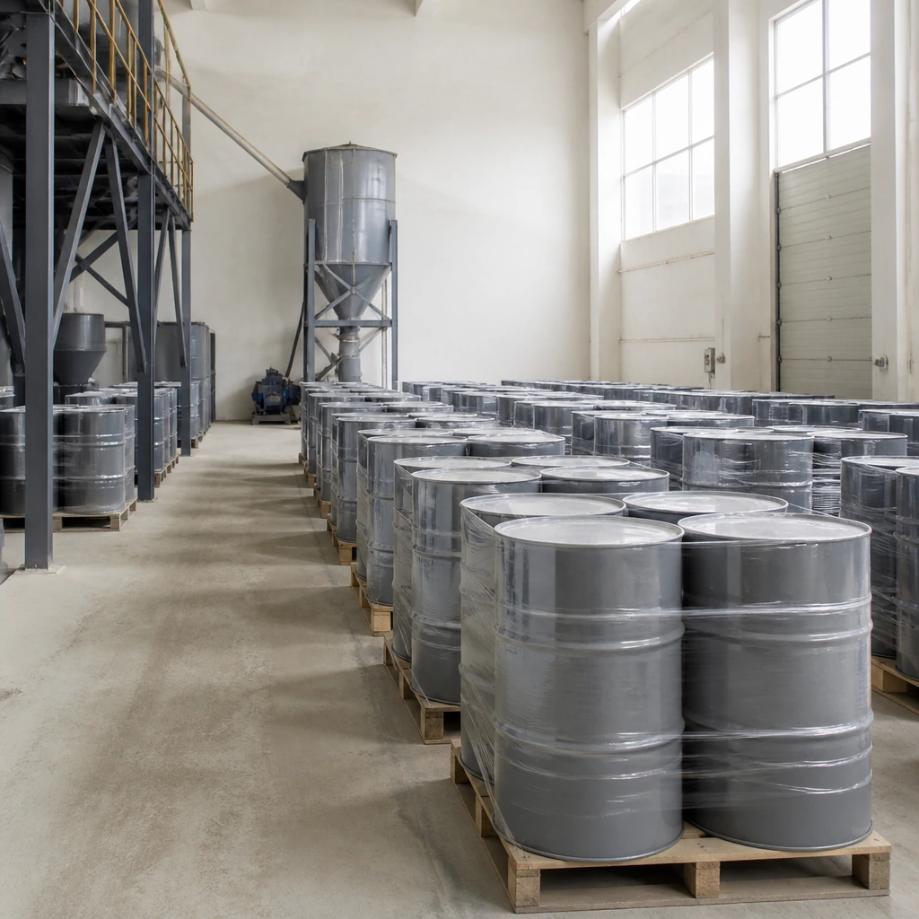 Rows of sealed steel drums on pallets in a bright warehouse
