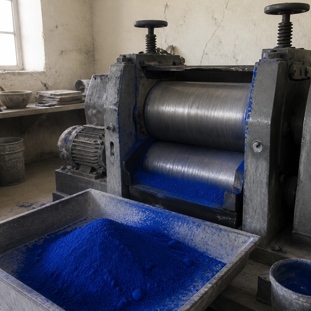 An industrial roller mill grinding blue pigment in a workshop