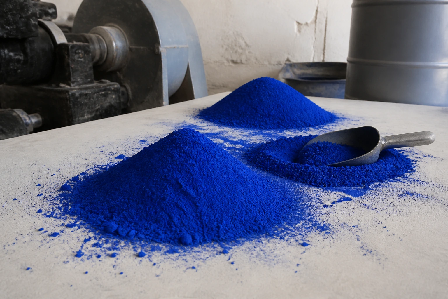 Heaps of intense dry blue pigment powder on a pale worktop