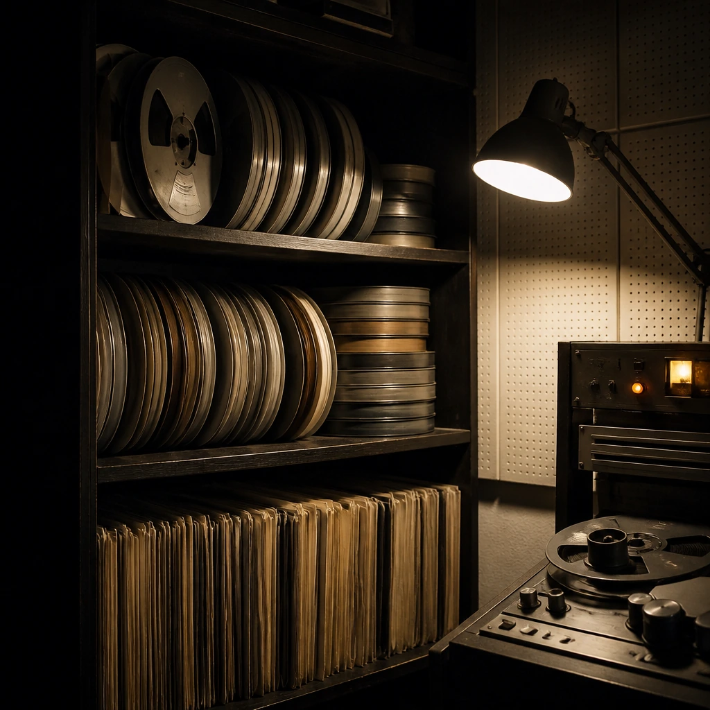 Shelves of tape reels and record sleeves in a station archive lit by one lamp