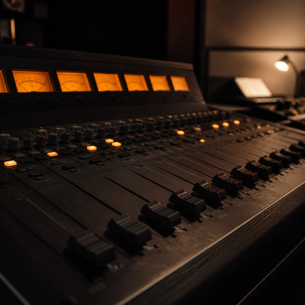 A close view of a broadcast mixing desk with faders and amber meter lamps
