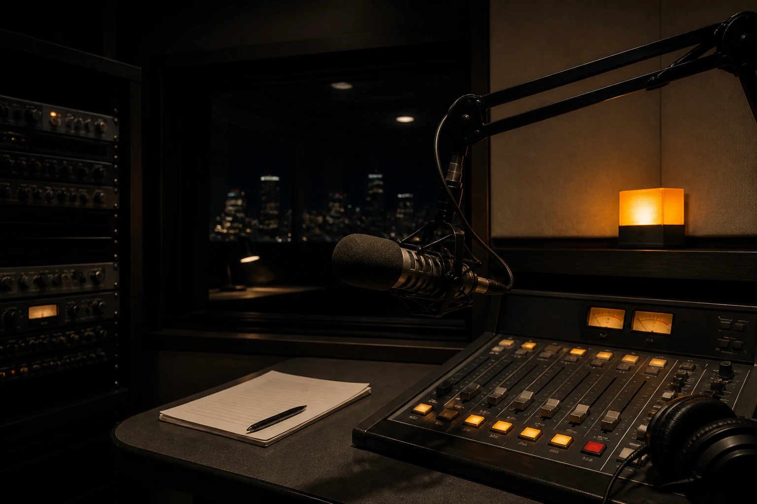 A radio broadcast studio at night with a microphone on a boom and an amber on-air lamp
