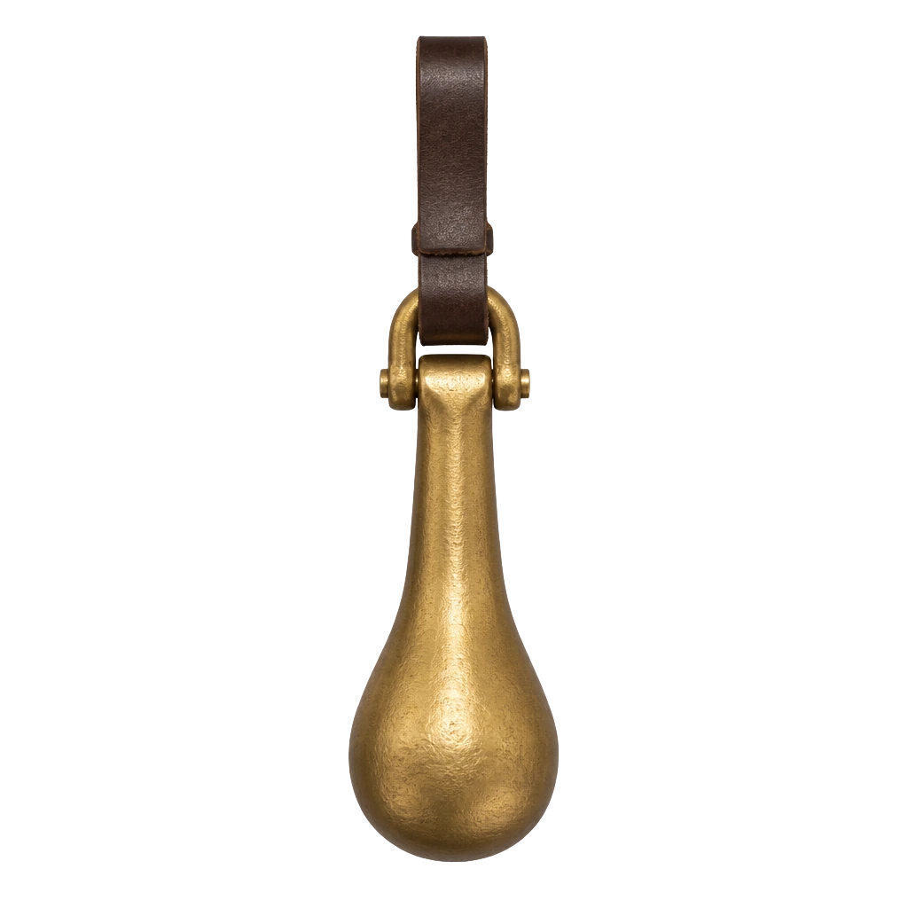 A forged bronze bell clapper on a short leather strap