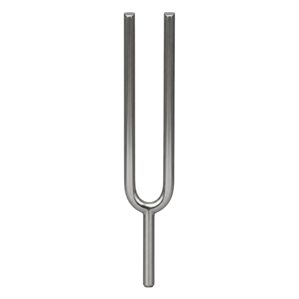 A polished steel tuning fork standing on its stem