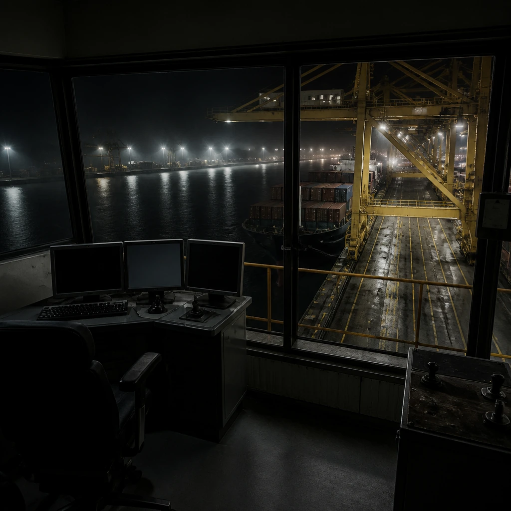 A dim port control room at night with monitors and a wide window
