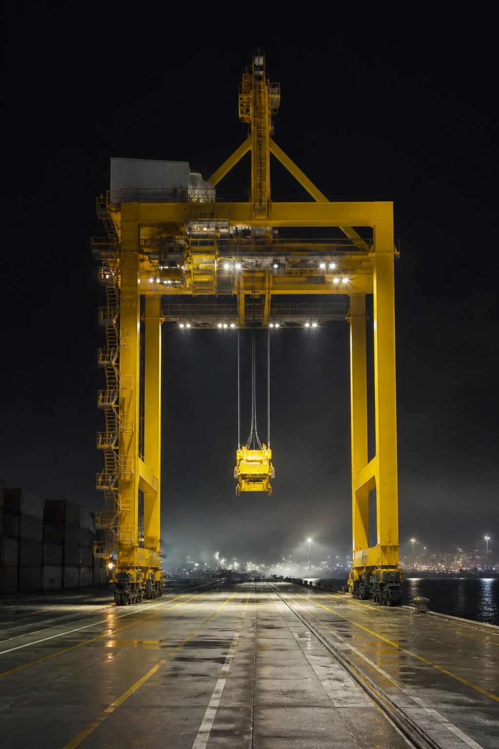 A tall yellow gantry crane against a dark evening sky