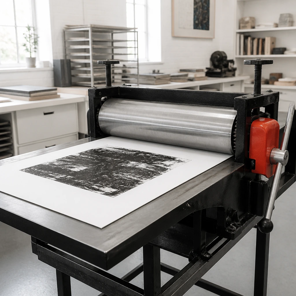 A proofing press with a fresh black print on the bed