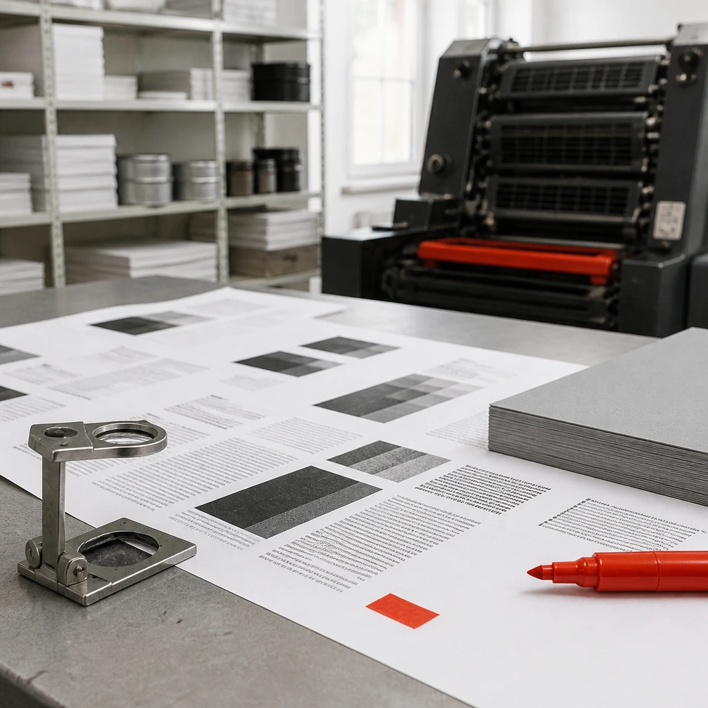A desk with proof sheets, a loupe and a red marker