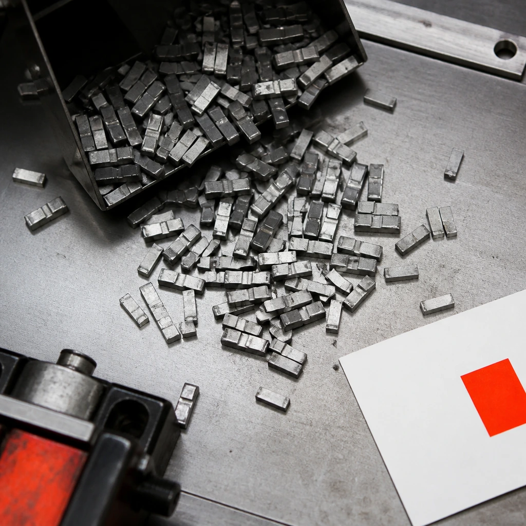 Loose metal type sorts spilled on a steel surface