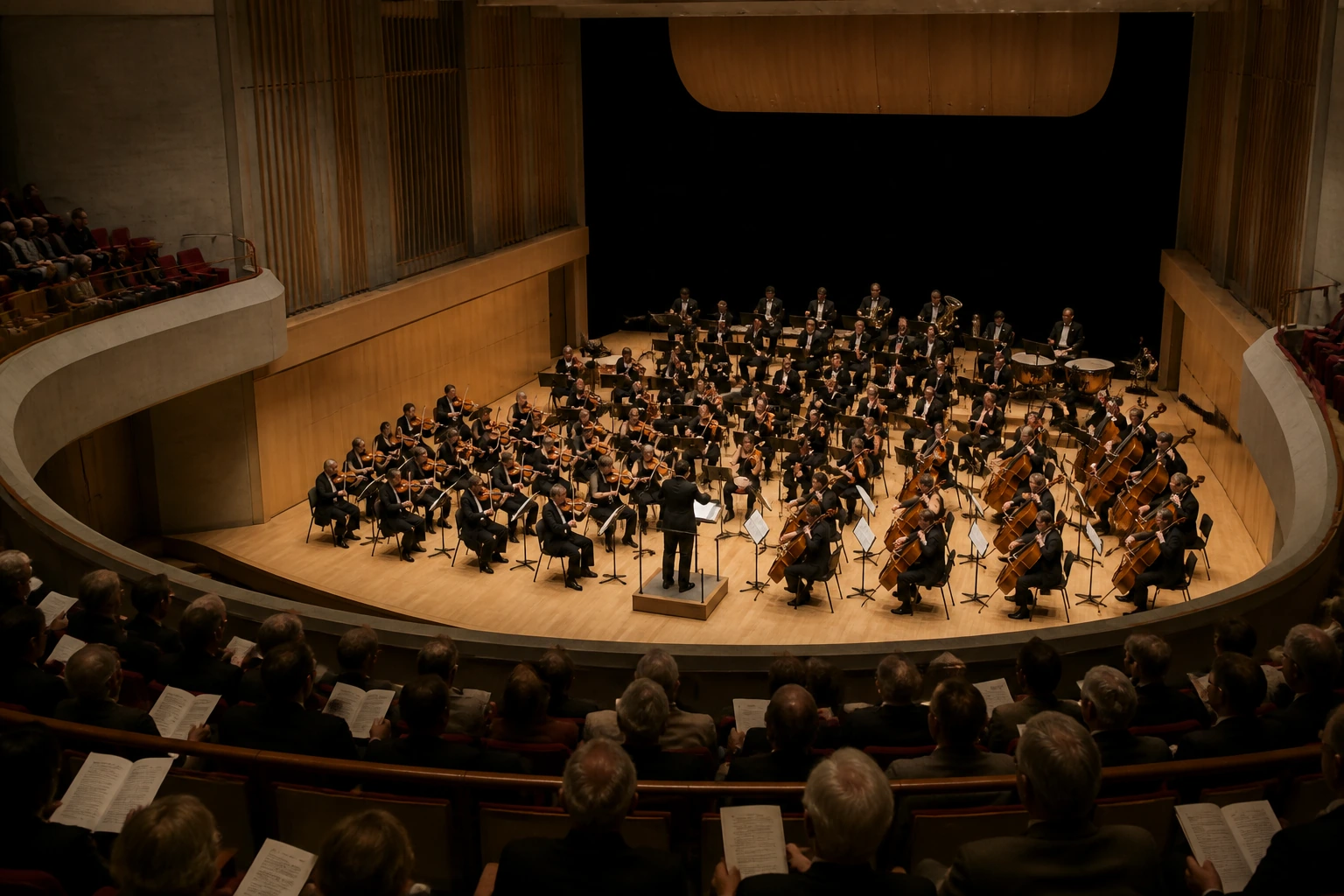 The orchestra on stage from a high side balcony, players in dark clothing under warm light