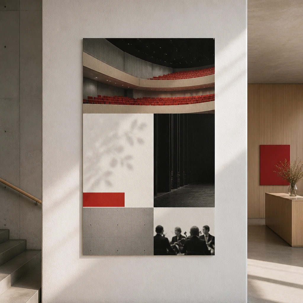 The season poster mounted on a pale foyer wall in raking daylight