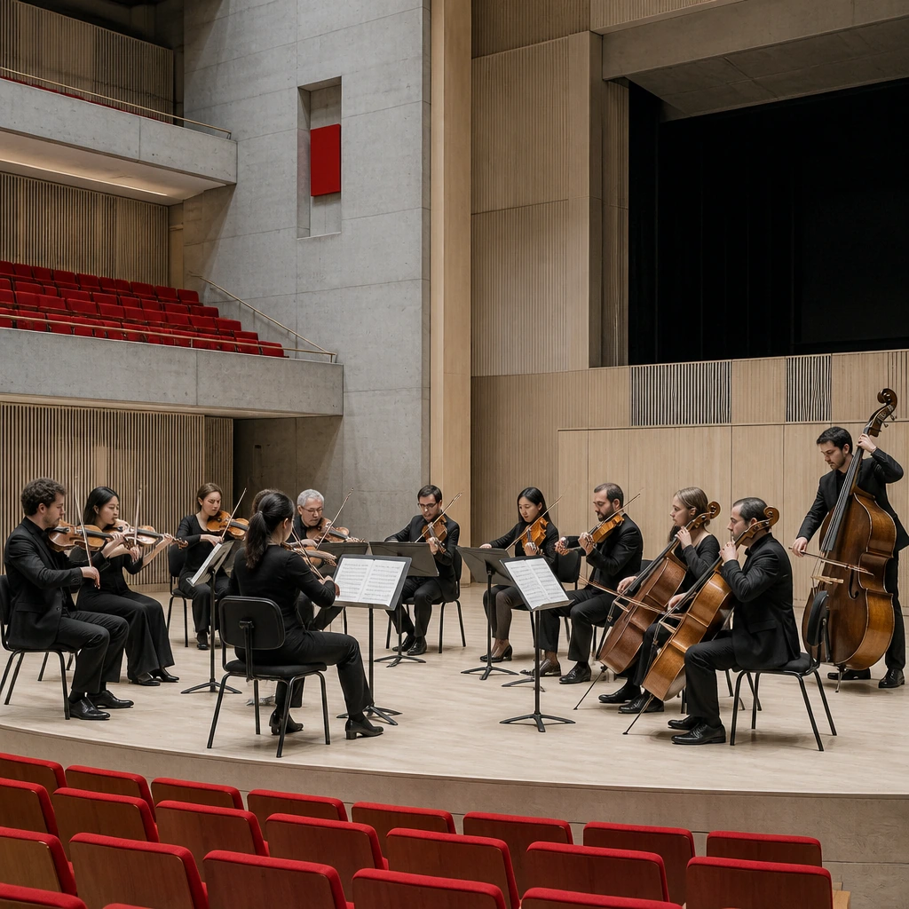 A morning rehearsal seen from the stalls, chairs and stands set out under working light
