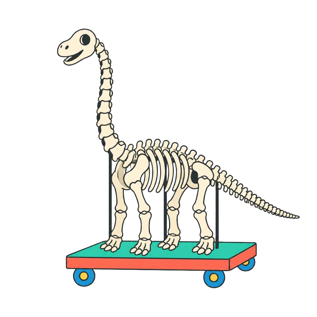 Toy dinosaur skeleton mounted on little red wheels