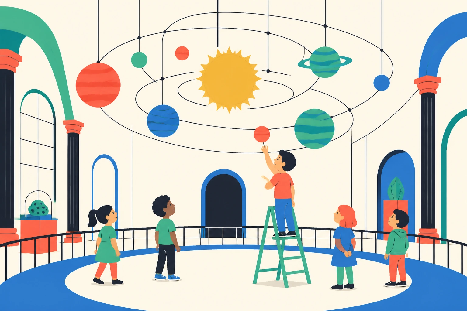 Children gazing up at a glowing model solar system hanging from the museum ceiling