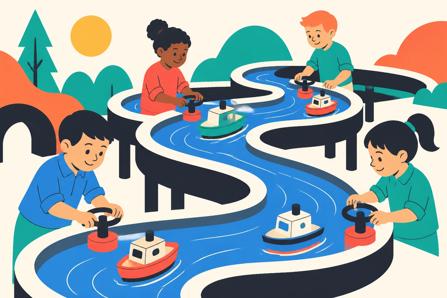 Kids steering boats and building dams along a winding water channel exhibit