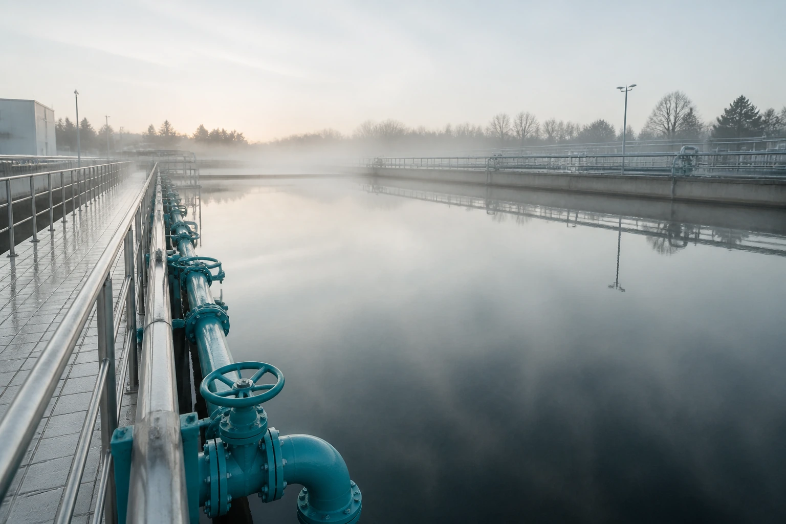 A still rectangular water treatment basin seen from a walkway at dawn with mist on the surface
