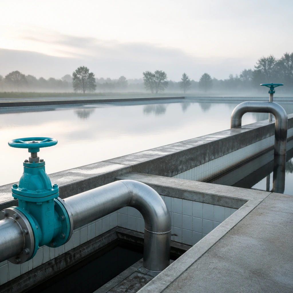 An open service reservoir at first light with flat water and a low concrete edge